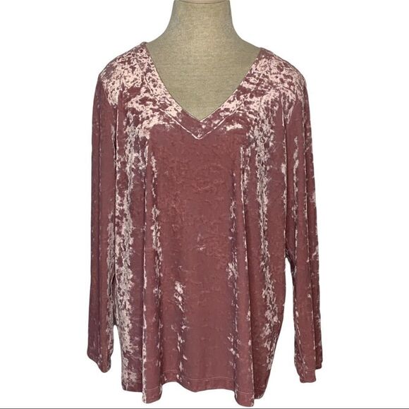 Pink Crushed Velvet Top NWT J JILL Knit V Neck Large Petite Dusty Rose Tunic - Picture 2 of 6